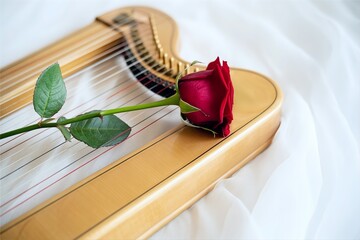 red rose on wooden harp. Romantic music