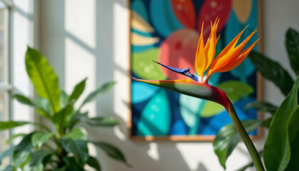 Indoor plant care featuring blooming strelitzia and philodendron plants near sunny window. Indoor plant care includes watering and light to thrive in indoor environment.