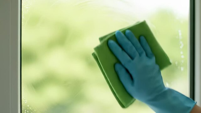 A woman wearing blue gloves cleans a window with a green cloth, ensuring the window is spotless. The woman's arm is visible as she wipes the window with care.