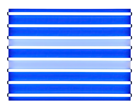 Striking graphic of alternating bright blue and white horizontal lines set against a black background