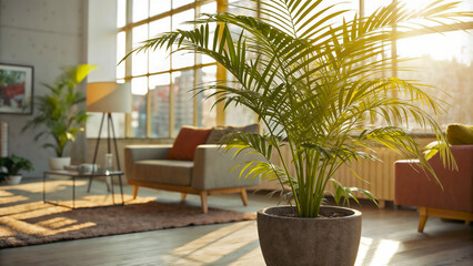 Tall potted palm plant radiates vibrant morning scene at home. Palm plant in sunlight with stylish furniture brings nature indoors, enhancing vibrant morning scene.