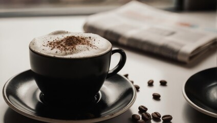 Morning Coffee Break - Cappuccino with Newspaper and Coffee Beans.