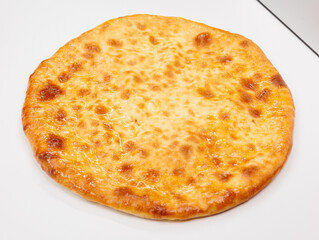 Delicious Cheesy Georgian Khachapuri With Golden Crust And Melted Cheese On White Background, Fresh Baked