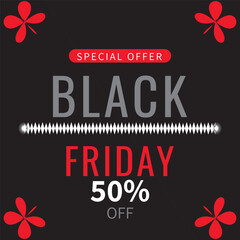 Modern Black Friday 50% Off Advertisement Featuring Bold Gray and Red Typography, Special Offer Header, Decorative Dotted Divider, and Red Clover Accents on a Sleek Black Background