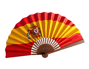 Bright red, yellow, and brown folding fan with a coat of arms on a black background