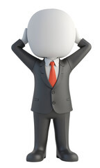 Business figure in suit, hands on head, showing extreme stress and worry