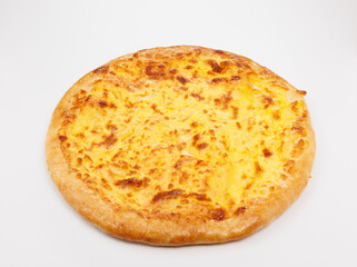 Delicious Cheesy Georgian Khachapuri With Golden Crust And Melted Cheese On White Background, Fresh Baked