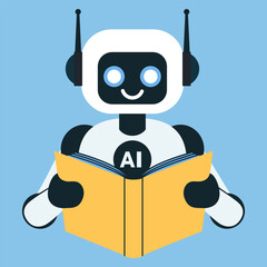 Fototapeta premium AI robot, chatbot reading a book illustration isolated on blue background. Symbolizing machine learning, artificial intelligence and data education. Perfect for tech, AI and digital innovation themes.