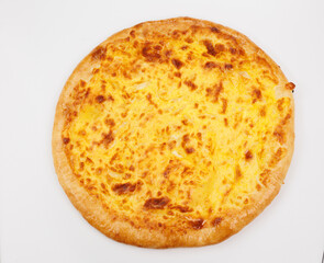 Delicious Cheesy Georgian Khachapuri With Golden Crust And Melted Cheese On White Background, Fresh Baked