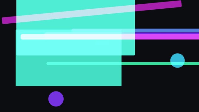 Abstract composition with overlapping geometric shapes and lines in vibrant colors on a split background
