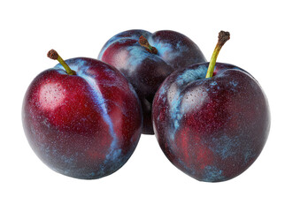 Obraz premium Three ripe plums, dark red, blue bloom. Black background