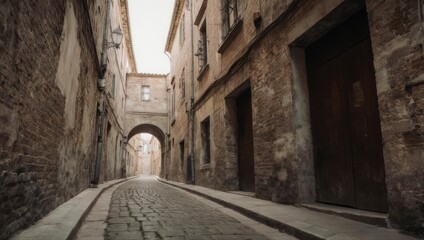 Fototapeta premium Mysterious Alleyway in an Ancient European Town with Stone Buildings.