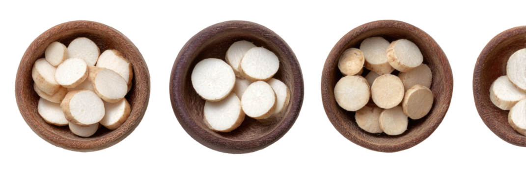 Bowls of sliced root vegetables, similar light color