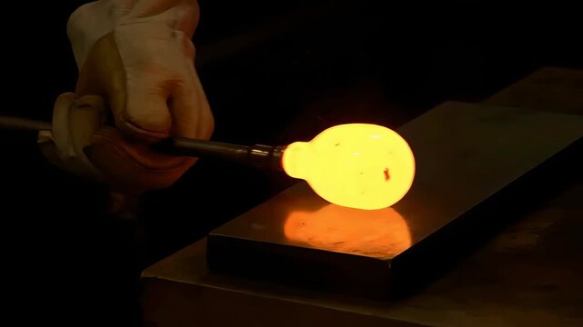 Molten Glass Hand Shaping on Marver by Glassblower Artisan