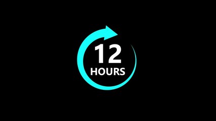 12 Hours Countdown Timer Animation. Stopwatch Clock icon with 12 Hours' Time Management on Black Background. 4k video.