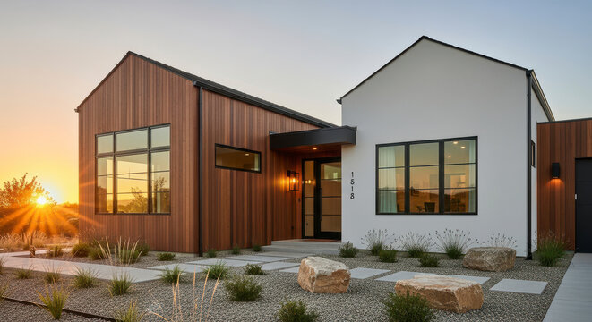 Modern home with wooden accents at sunset.