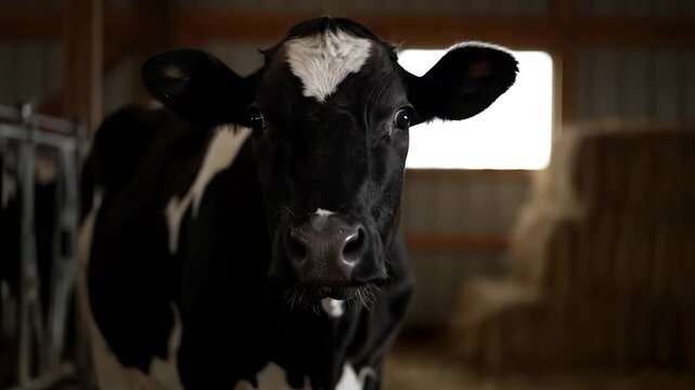 A black cow stands inside a barn, the cow appears calm and relaxed. Behind the cow, hay bales and barn walls can be seen in the barn creating a rustic atmosphere.