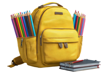 Yellow backpack filled with colored pencils, notebooks below
