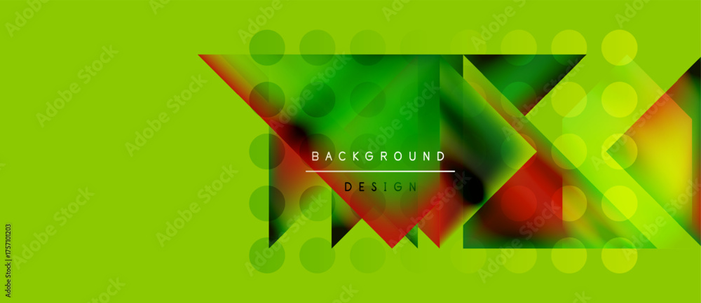 Poster bright green backdrop features abstract shapes, vibrant color gradients, rounded elements. modern de