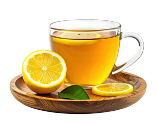 A clear glass cup holds warm tea, lemon slices on a wooden plate, a half lemon beside it