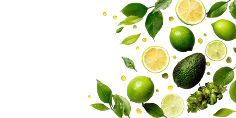 Fresh lime and avocado slices with green leaves