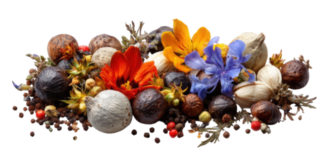 Colorful assortment of seeds, spices, and flowers
