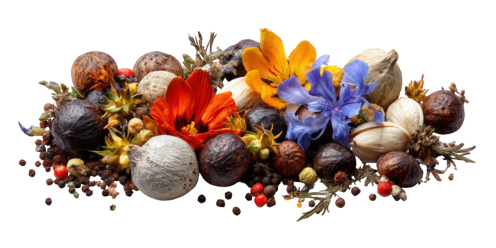 Colorful assortment of seeds, spices, and flowers