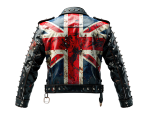 Leather jacket's back adorned with a distressed Union Jack design and studded details
