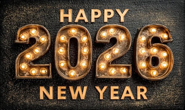 Happy New Year 2026 celebration with illuminated vintage light bulb numbers