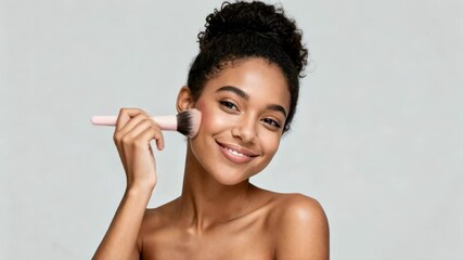 A beautiful young african american woman smiles while applying makeup with a brush on a clean gray background, representing daily beauty routines, skincare, and cosmetics - Powered by Adobe