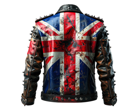 Back of a worn, studded leather jacket featuring a distressed Union Jack design
