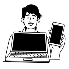 Smilling man with laptop and phone isolated on white