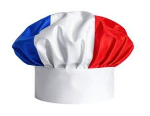 A chef's hat, colored to match the French flag, isolated on a black background