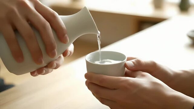 Hands Pouring Traditional Japanese Sake into Ceramic Cup