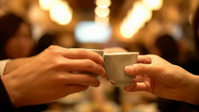 Friends Toasting with Sake Cups in Japanese Izakaya