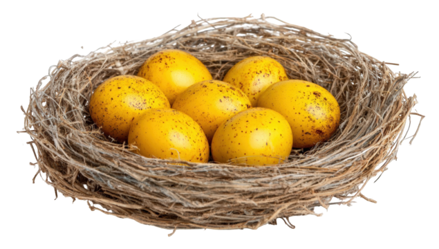 Decorative yellow eggs in a nest