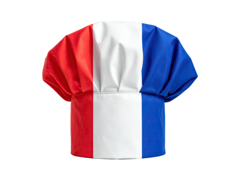 Chef's hat with vertical bands of red, white, and blue, mimicking a national flag
