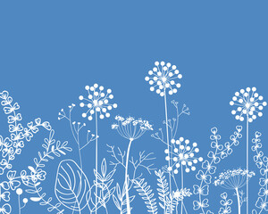 Autumn border with doodle forest and meadow plants. Hand drawn floral background for frames, posters, kids cards, wallpapers. Vector illustration
