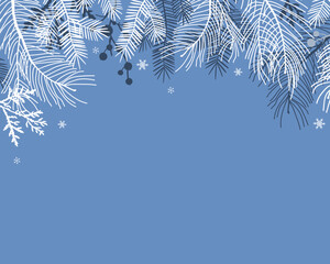 Christmas floral frame, Happy Holidays invitation card design vector. Elegant Happy New Year card with pine leaves, branches, snowflakes on blue background