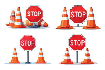 Traffic stop sign vector illustration, road safety cones isolated on transparent background