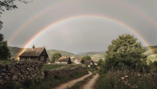 Rainbow over a rural landscape with a traditional house.