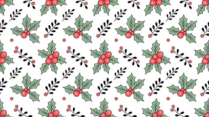 Obraz premium A seamless pattern of green holly leaves with red berries and small black branches on a white background