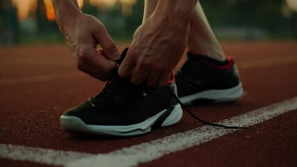 Runner. Active man outdoors purposefully tying shoelaces on sports field. Steady camera movement Caucasian white man putting on running shoes warming up before competition, exercise - Powered by Adobe