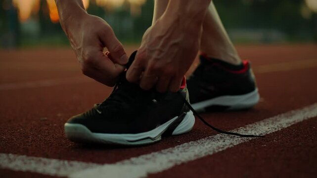 Runner. Active man outdoors purposefully tying shoelaces on sports field. Steady camera movement Caucasian white man putting on running shoes warming up before competition, exercise - Powered by Adobe