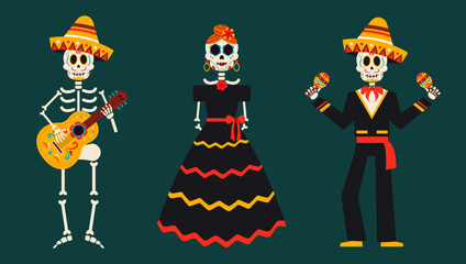 Colorful Mexican skeletons set for Dia de Muertos or Day of the Dead celebration. Vector illustrations with floral decorations and festive ornaments.