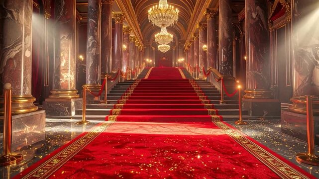 映画祭のレッドカーペットの階段：授賞式：高級感のある宮殿の背景：3D空間