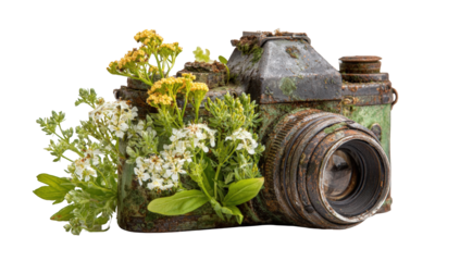 Vintage camera adorned with wildflowers