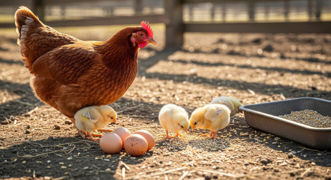 Farm animal mother hen with chicks and eggs in the sun - Powered by Adobe