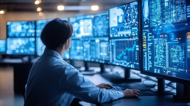 Engineer Analyzing Complex Data on Multiple Screens in a High-Tech Environment for Insights