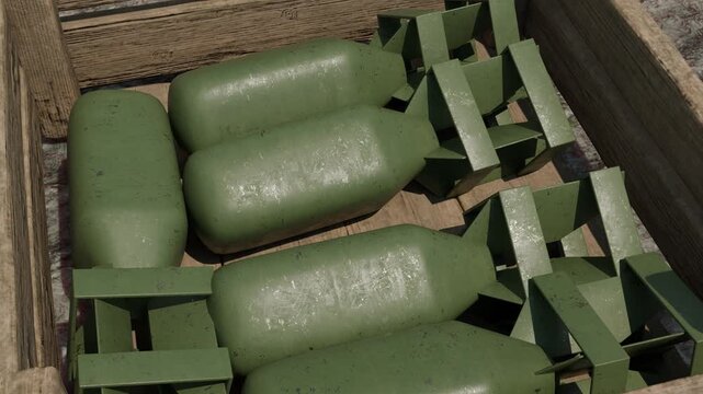 Military Bombs in Wooden Crate. Weaponry Stockpile Animation. Nukes 3D. 4K